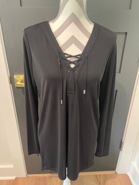 Ralph Lauren Black Slinky Lace Up V Neck Long Sleeve Tunic Size M